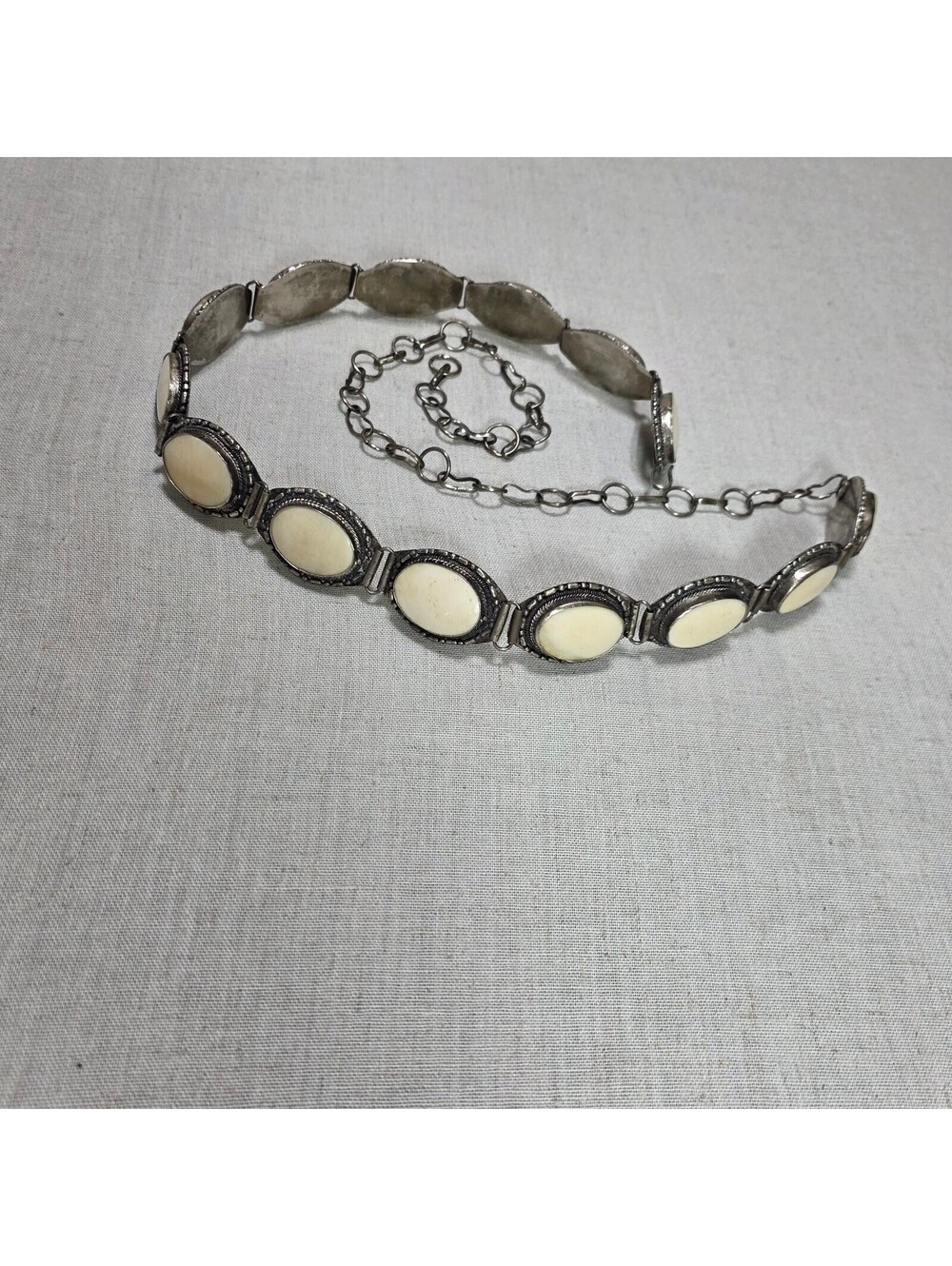 Vintage Silver Plated Concho Belt Oval Cream Cabochons Chain Western Boho